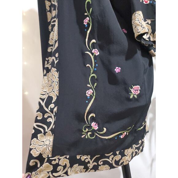 Vtg 90s Yi Lin Silk Embroidered Floral Asian 3/4 Sleeve Kimono Womens S Black - Picture 6 of 11